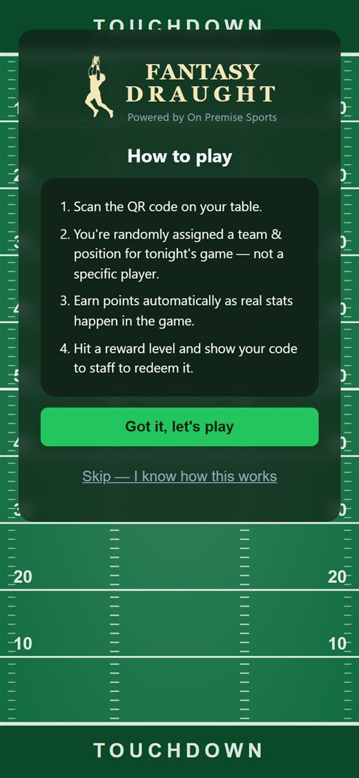 The Fantasy Draught how-to-play screen: scan the table QR, get a random team and position, earn points automatically, hit a reward level