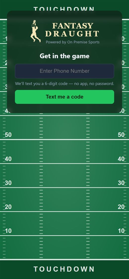 The Fantasy Draught sign-in screen: enter a phone number and get a 6-digit text code, no app or password