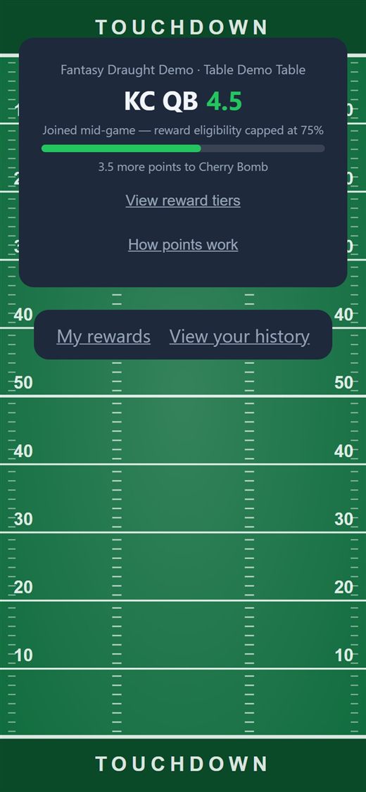 A player's live score card showing their team and position, current points, and a progress bar toward the next reward
